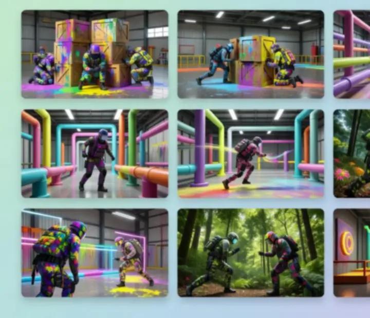 Multiple desktop-style screenshots of Hide and Seek Paint Game: Hunt arranged in a colourful grid.