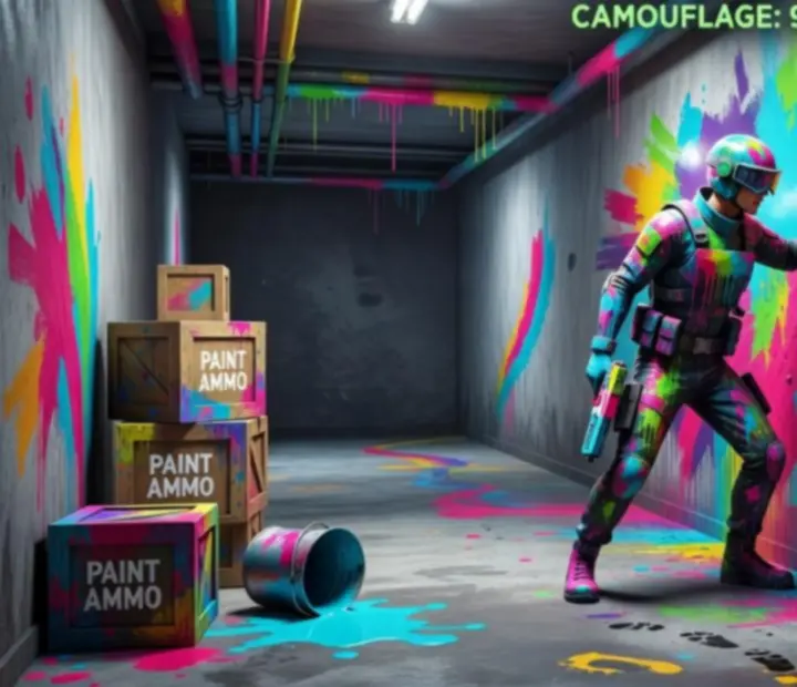 Screenshot of a colourful hide-and-seek level in Hide and Seek Paint Game: Hunt