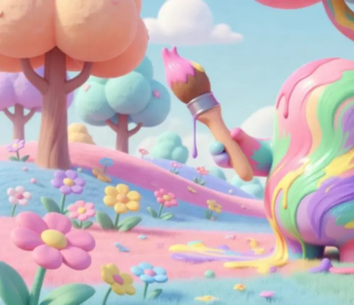 Illustration of a character hiding in a colourful painted environment