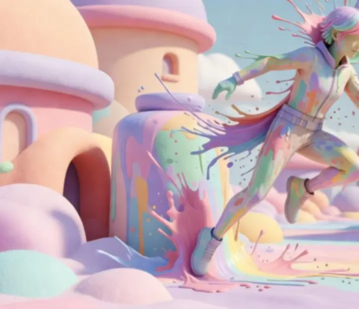 Gameplay image from Hide and Seek Paint Game: Hunt showing a colourful painted character hiding in the level.