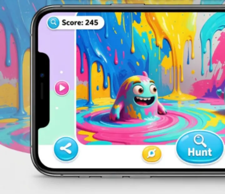 Mobile screenshot from Hide and Seek Paint Game: Hunt showing colourful hide-and-seek gameplay.