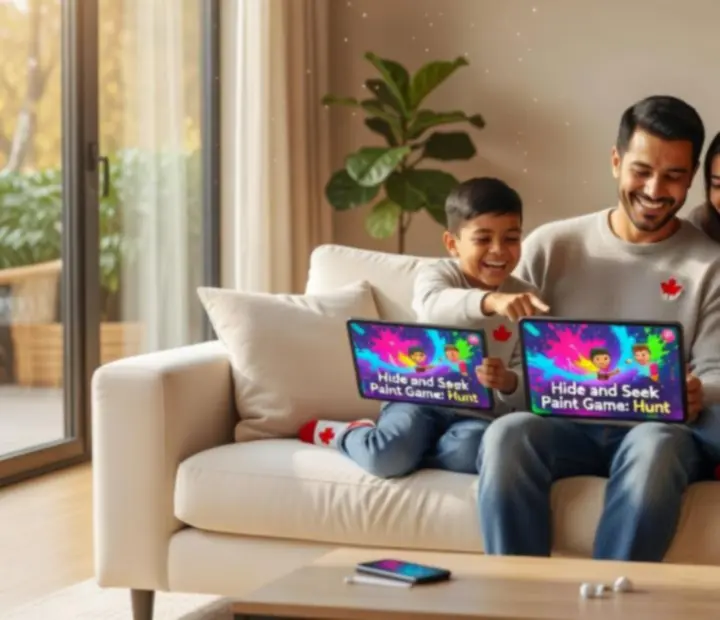 Family gathered around a mobile device enjoying a colourful game together