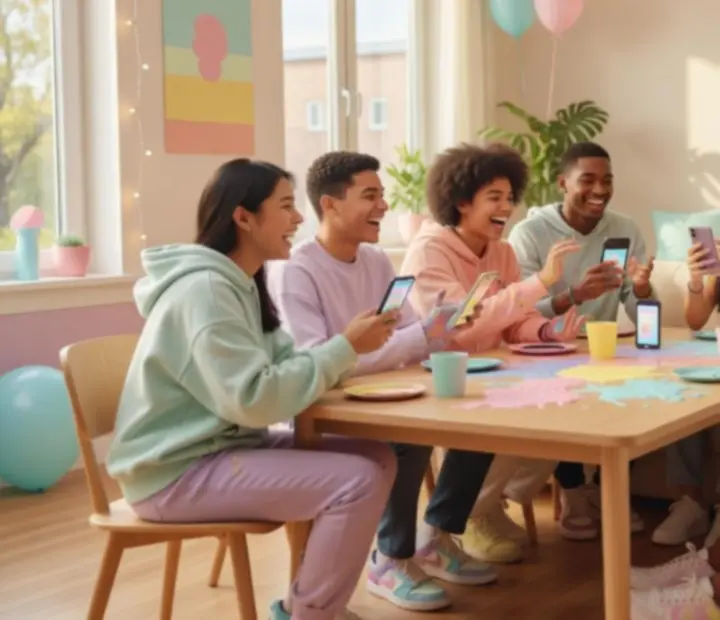 Youthful players enjoying a colourful mobile game together