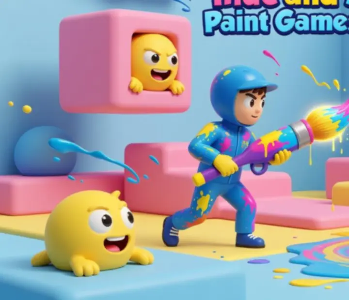 Hide-and-seek scene with characters navigating a colourful map